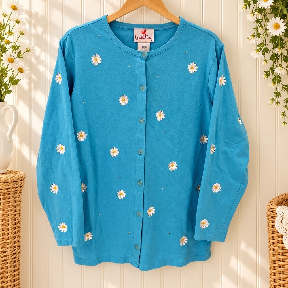 vintage Quacker Factory Cardigan Daisy Embroidered Medium Blue Cottagecore